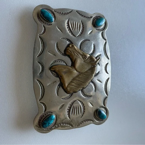 Silver Belt Buckle with Horse Design and Turquoise Accents - Picture 6 of 6